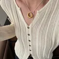 Elegant minimalist gold ring pendant with adjustable silver tassel long sweater necklace - Gold Brushed Circle Style