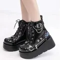 Goth black platform combat boots with buckle straps, metal chain and thick sole details - 35 / Glossy Black