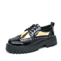 Klassische Herren-Brogue-Schuhe aus schwarz-goldem Lackleder mit klobiger Plateausohle - 38 / Schwarz-Gold Nieten-Stil (01) / Schwarz und Gold