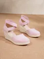 Elegantes sandalias de cuña de esparto rosa con punta cerrada y tiras elásticas al tobillo - 34 / Rosa