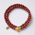 Natuurlijke drie-rijige Zuid-Rode Agaat kralenarmband met bijenwas en turquoise kralen - Rijkdom en Geluk Stijl / 5mm Kraaldiameter/Dubbele Wikkel / Volvlees Zuid-Rode Agaat