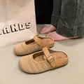 Beige breathable mesh Mary Jane mules with stylish buckle strap and round toe design - 35 / Khaki