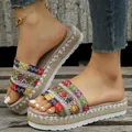 Detailed macro view of ethnic style platform slides with colorful candy-colored woven straps - 35 / Rainbow