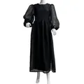 Close-up of black lantern sleeve maxi dress featuring textured Swiss dot pattern detail - S / Dresses / Black