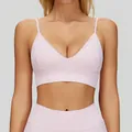 Light pink V-neck yoga sports bra with adjustable thin straps and ribbed hem - S / Tops / Sakura Pink