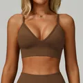 Professional brown V-neck sports bra with adjustable thin straps for yoga and fitness - Dark Coffee