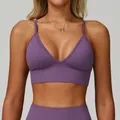 Purple V-neck sports bra featuring adjustable thin straps for yoga and fitness training - Fog Purple