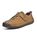 Brown men's hand-stitched casual loafers with Velcro strap and rubber sole. - 38 / Tan