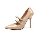 Elegant nude patent leather stiletto pumps with pointed toe and double gold buckles - Apricot