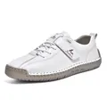 Men's casual white leather shoes featuring handmade stitching and a velcro strap closure - 38 / White