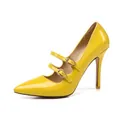Close-up of vibrant yellow patent leather high heels with pointed toe and buckles. - 34 / Yellow