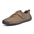 Brown handmade stitched men's casual leather shoes with hybrid closure design - 38 / Khaki