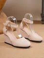 Beige suede closed-toe wedge sandals with adjustable ankle strap detail - 34 / Apricot