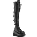 Detailed view of black over-the-knee wedge boots with gothic lace-up and buckle straps - 35 / Gothic Punk Over-the-Knee Boots / Black