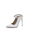 Elegant white patent leather pointed-toe high heel slingback sandals with ankle strap. - 34 / White