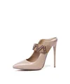 Elegant nude patent leather pointed toe stiletto mules with decorative embroidered strap - Apricot