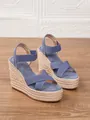 Elegantes sandalias de cuña azules con tiras cruzadas y plataforma de paja natural - 34 / Azul Estrellado
