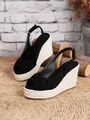 Detalle de sandalias de cuña negras con plataforma de cuerda de yute trenzada - 34 / Negro