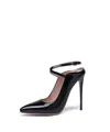 Elegant black patent leather pointed toe stiletto high heels featuring an ankle strap - 34 / Black