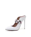 Elegant white pointed toe stiletto mule heels with decorative woven strap for women - 34 / White