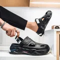 Men's black platform beach sandals with closed-toe design and adjustable strap feature - 38 / Black and White