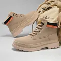 Tan leather high-top work boots for men with thick wear-resistant sole and waterproof finish - 39 / Beige