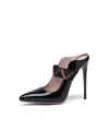Black patent leather high heel mules with embroidered elastic strap and pointed toe - 34 / Black