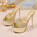 Detailed view of gold lace peep-toe platform mules with 16cm ultra-high stiletto heels. - 35 / Gold