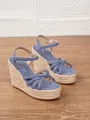 Elegantes sandalias de cuña de ante azul con suela de yute trenzado y correa al tobillo - Azul Estrellado