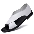 Casual men's white cowhide leather sandals with non-slip soft sole for summer - 37 / Cross Strap Roman Style (2828-5) / White