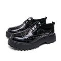 Black patent leather men's platform shoes with gold rivets and tree branch pattern - 38 / All Black