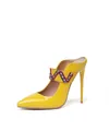 Elegant yellow patent leather stiletto mules featuring a decorative ethnic woven arch strap - 34 / Yellow