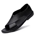 Stylish black leather men's cross-strap sandals with durable soft sole for summer - 37 / Cross Strap Roman Style (2828-5) / Black