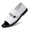 Men's stylish casual white leather sandals featuring black soles and adjustable Velcro straps - 37 / Cross Strap Roman Style (2828-6) / White