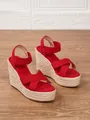 Sandalias con cuña rojas elegantes con plataforma de paja tejida para mujer de verano - Rojo