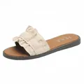 Detailed view of women's flat summer sandals with beige ruffle strap design - 35 / Off White