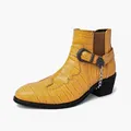 Men's yellow crocodile texture Chelsea boots with buckle and chain decoration - 38 / Crocodile Pattern Yellow Chelsea Boots