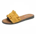 Macro side view of trendy yellow suede ruffle flat slides for women summer beach wear - 35 / Yellow