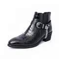 Black men's crocodile embossed Chelsea boots featuring silver vintage buckle and chain - 38 / Crocodile Pattern Black Chelsea Boots