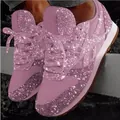 Detailed view of pink sparkly sequin platform sneakers for women with glitter finish - Pink
