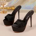 Elegant black lace platform stiletto sandals with ultra-high thin heels and open toe design. - 35 / Black