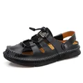 Handmade stitched black men's closed-toe summer sandals for casual outdoor wear - 38 / Black