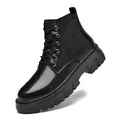 Men's black genuine leather combat boots with platform sole and lace-up design - 38 / All-season Style (7756) / Black