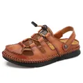 Hand-stitched brown leather closed-toe sandals for men with breathable mesh - 38 / Casual Closed Toe Sandals (7060) / Brown