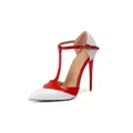 Elegant red and white pointed toe T-strap high heels with slim stiletto heel for women - 34 / White