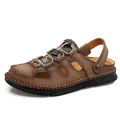 Classic brown leather men's closed-toe sandals with hand-stitched rubber sole detail - 38 / Khaki