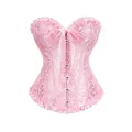 Pink jacquard strapless corset top with ruffles and front ribbon detail for women - XS / Tops / Pink