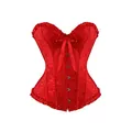 Detailed view of red floral brocade corset with elegant ruffles and front bow decoration - Red / EU Size XS (Rec. Waist 65-69 cm)