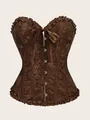 Detailed view of a vintage brown floral print bustier corset with elegant ruffle trim and bow - XS / Tops / Coffee