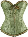 Detailed view of green floral brocade corset top with ruffled trim and busk closure - Green / EU Size XS (Rec. Waist 65-69 cm)
